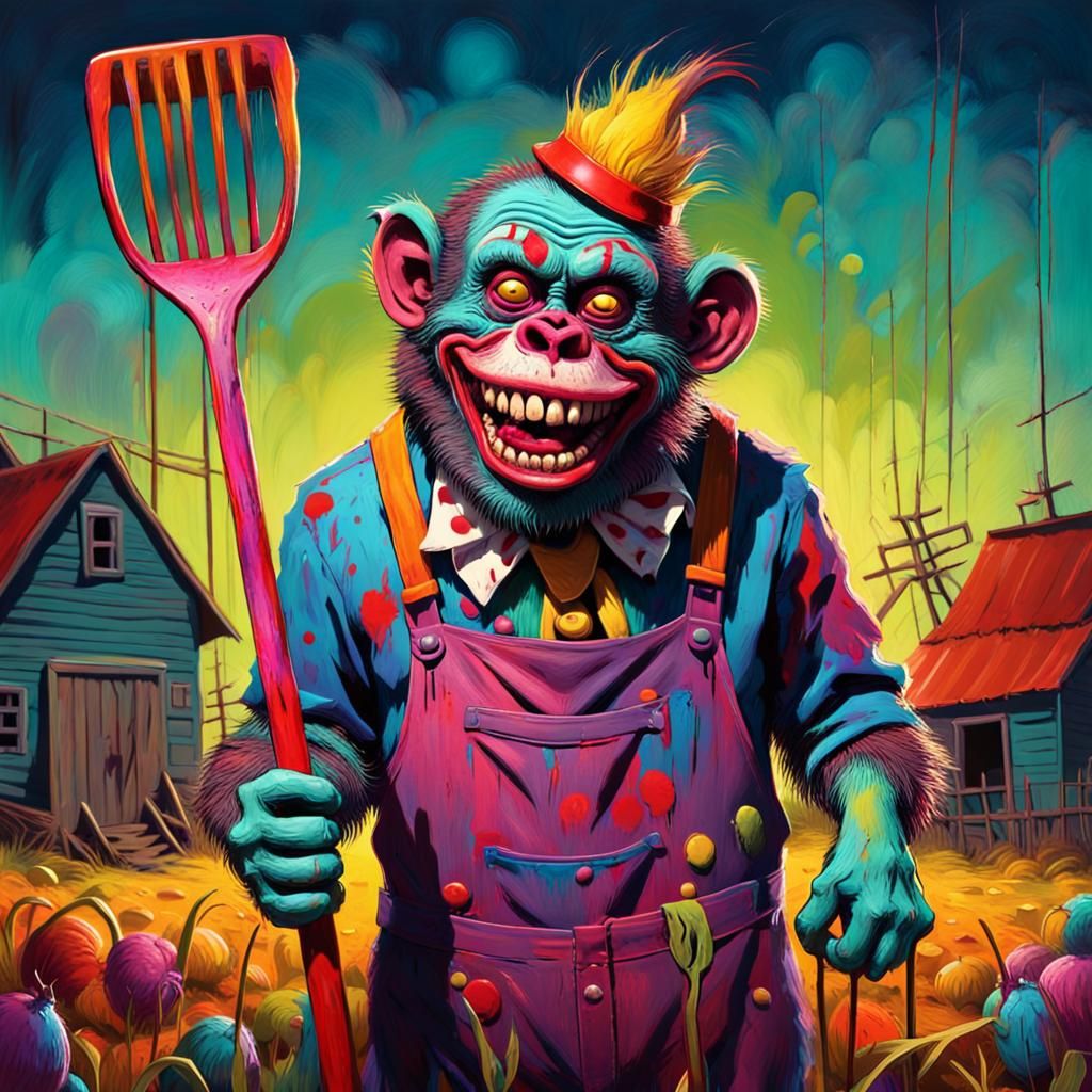 Zombie Clown Farmer in Surreal Pop Art Style