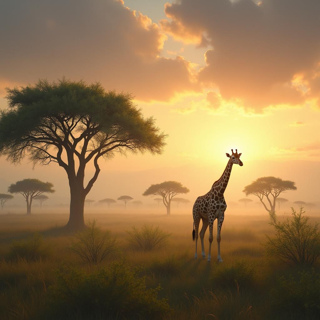 Ethereal Giraffe in Misty Savannah Landscape