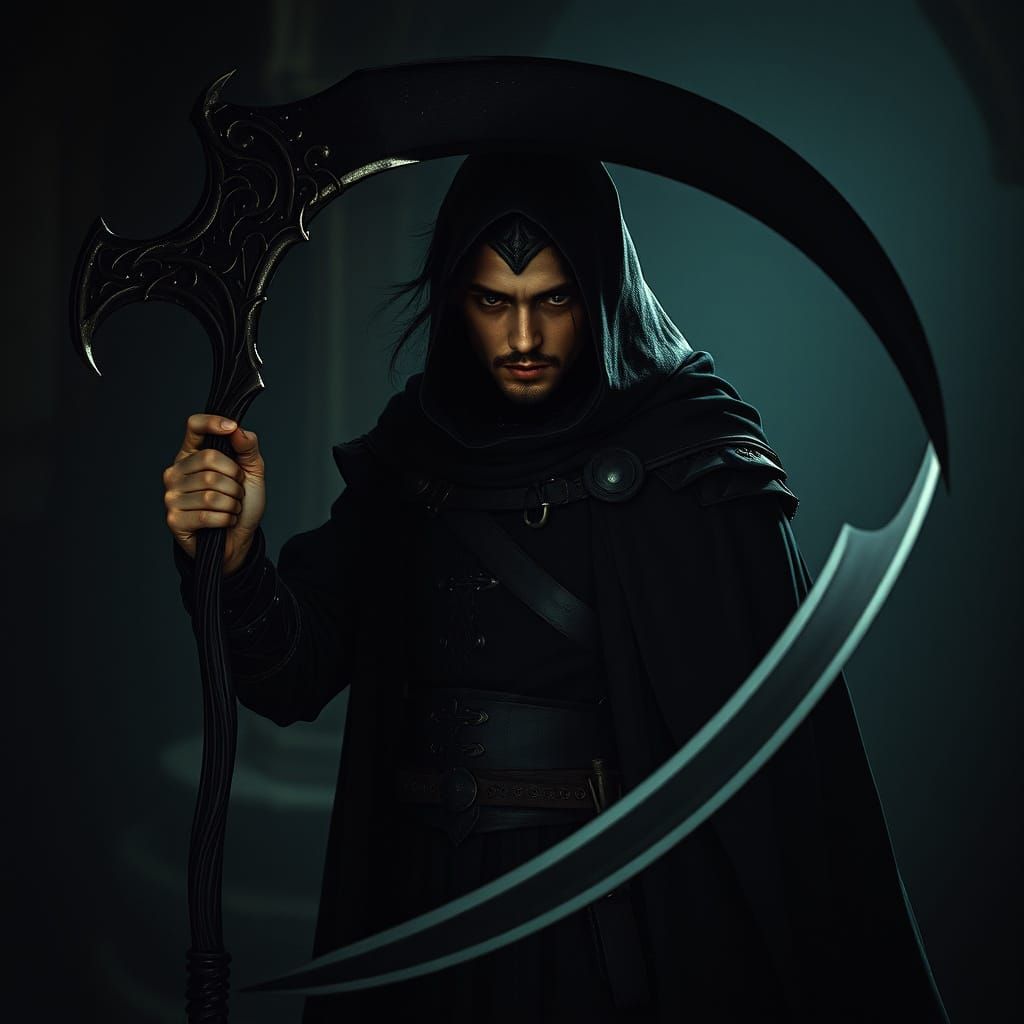 Gothic Shadow Elf Cleric in Dark Fantasy Attire Wields Reape...
