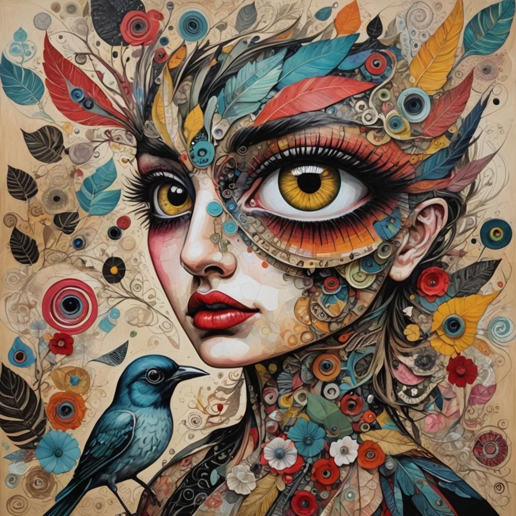 Abstract Bird Portrait in Mixed Media Collage