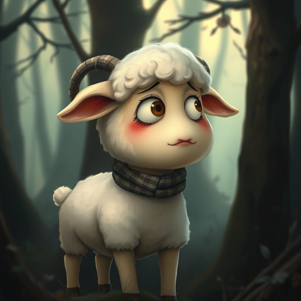 Scared Sheep Cartoon in Whimsical Style