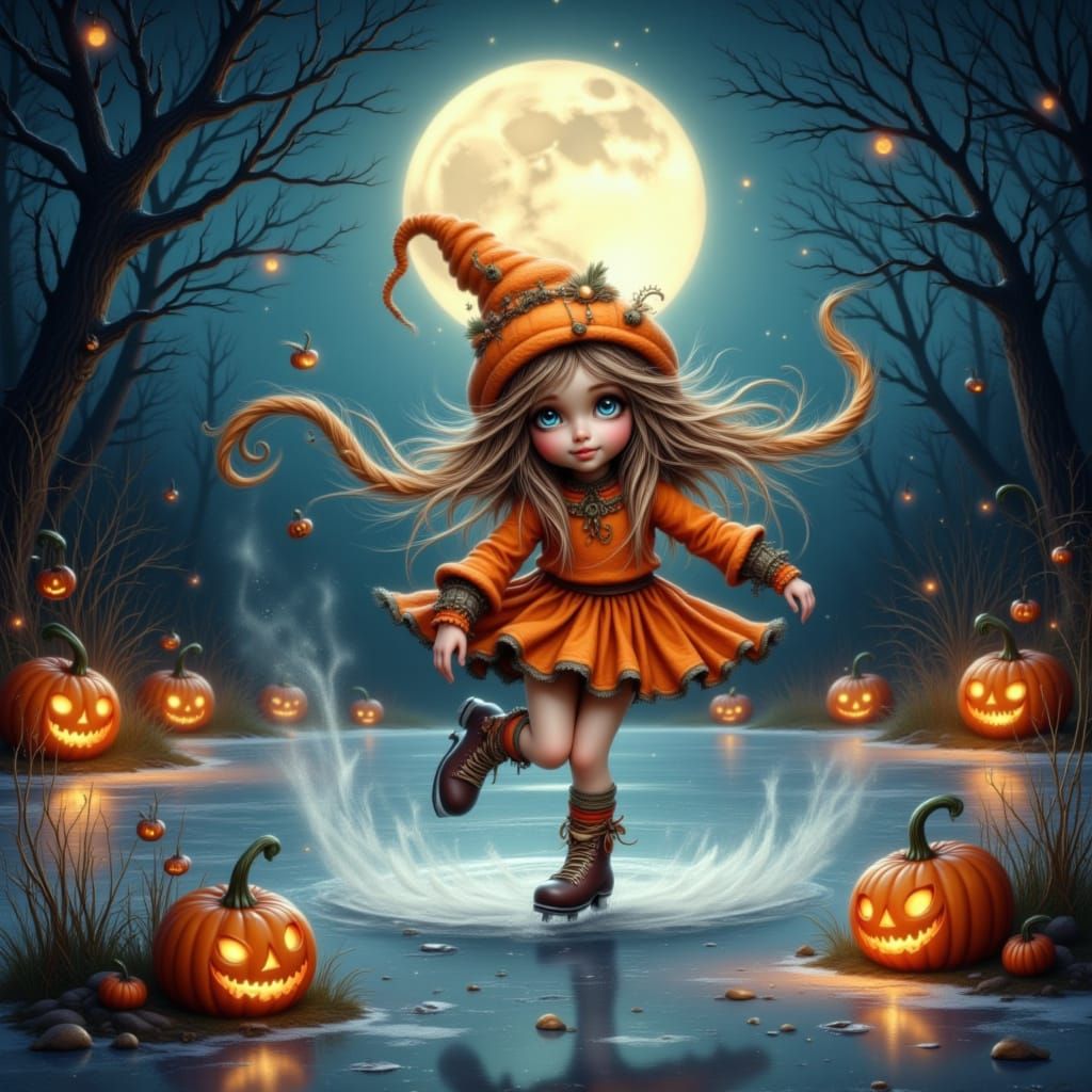 Girl in Pumpkin Costume Ice Skating Under Full Moon