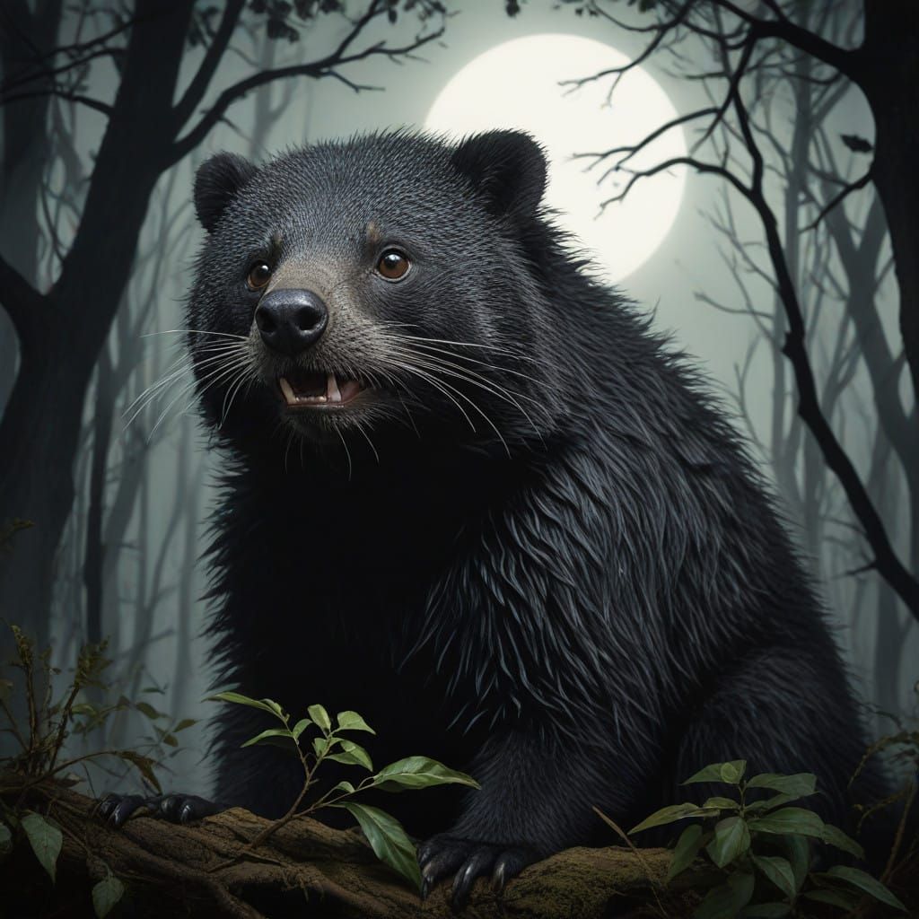 Shadows Reveal a Haunting Binturong in a Moonlit Forest