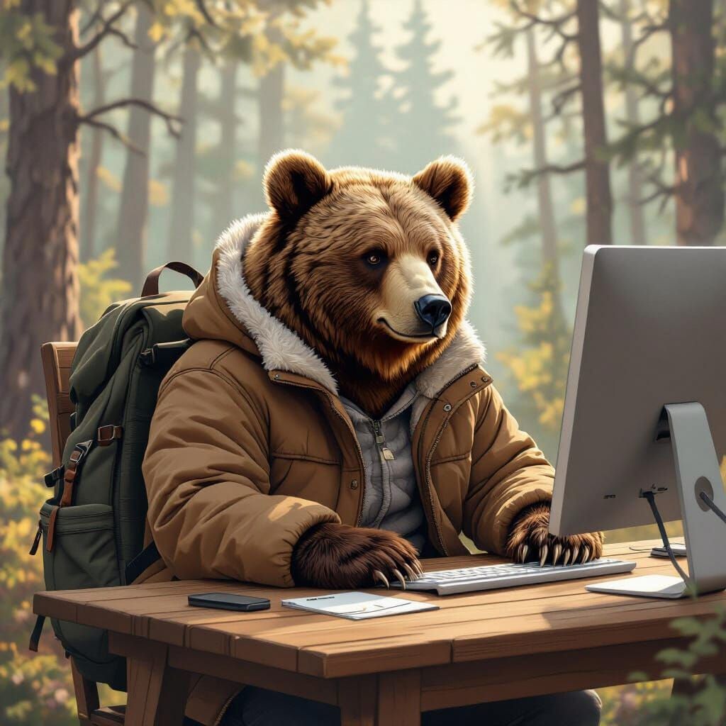 Brown Bear at Computer in Earthy, Painterly Style