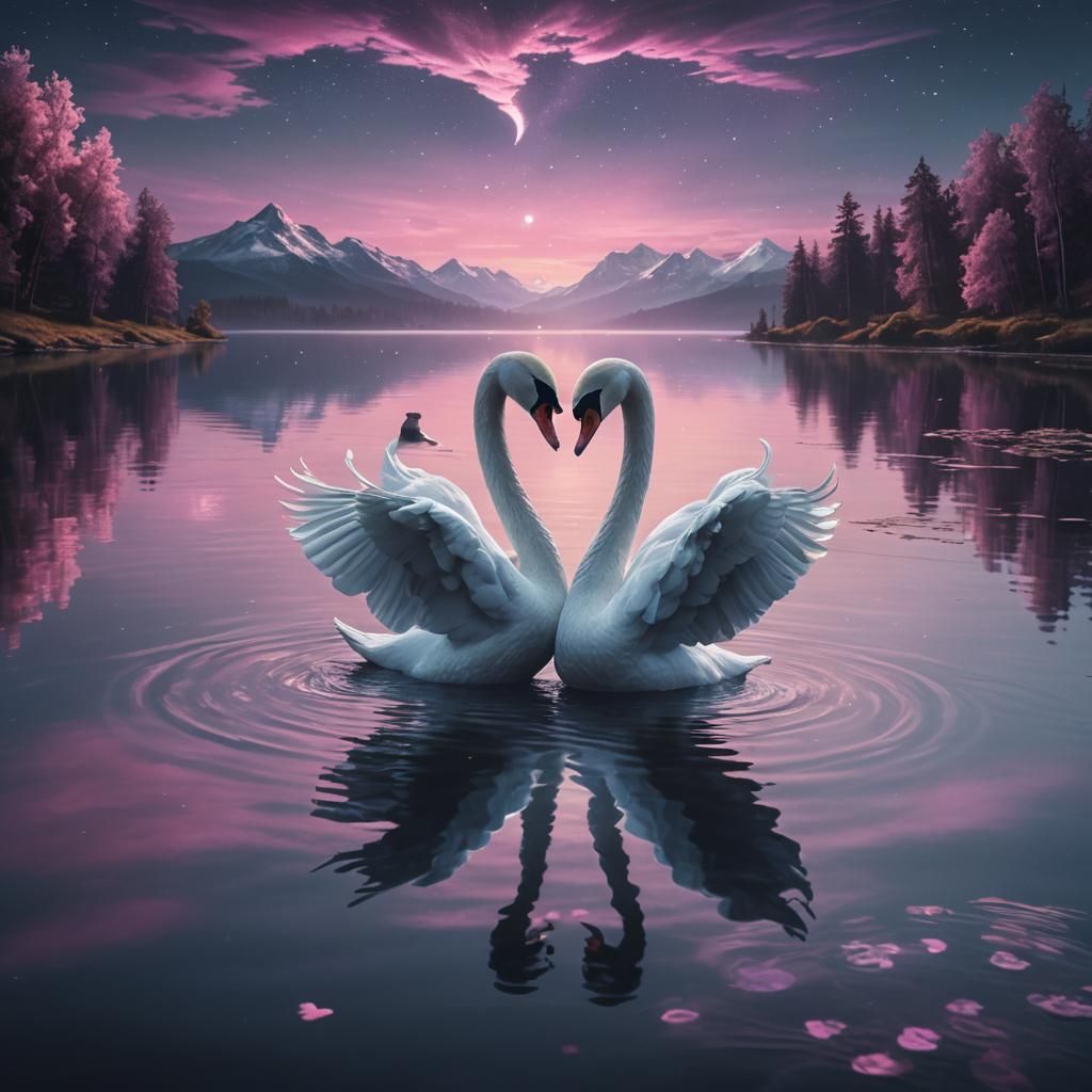 Mystical Swans Create Heart Shape in Noir Realism
