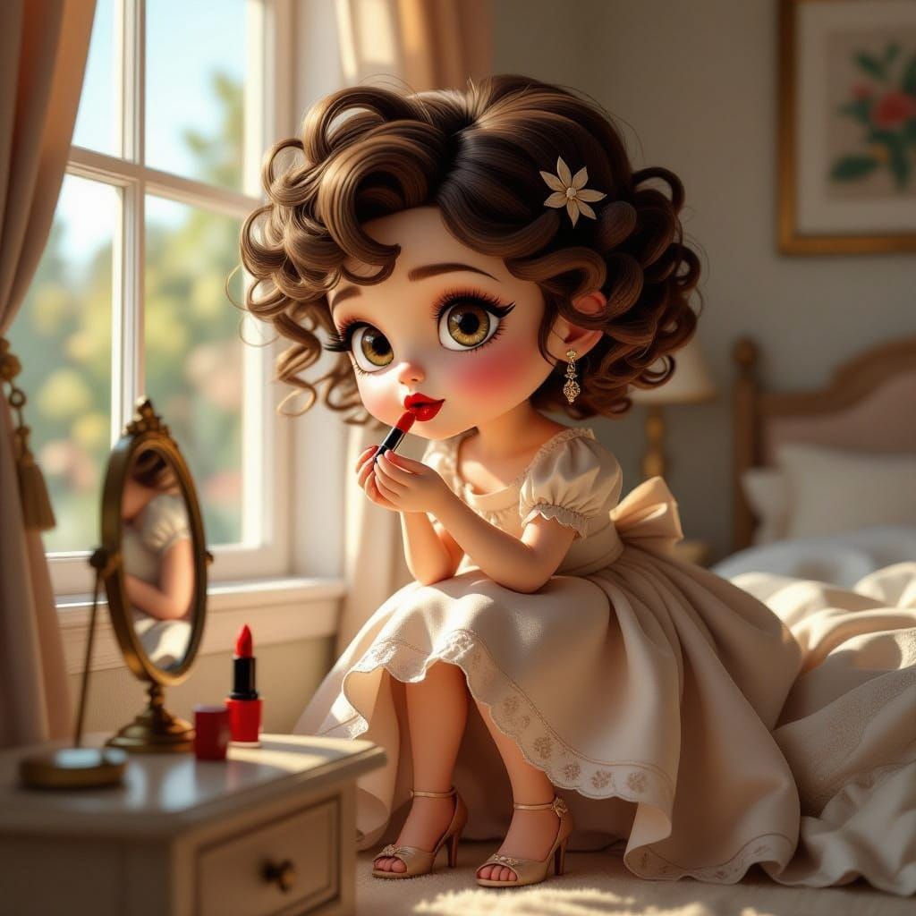 Elegant Chibi Girl Applies Lipstick in Whimsical Bedroom