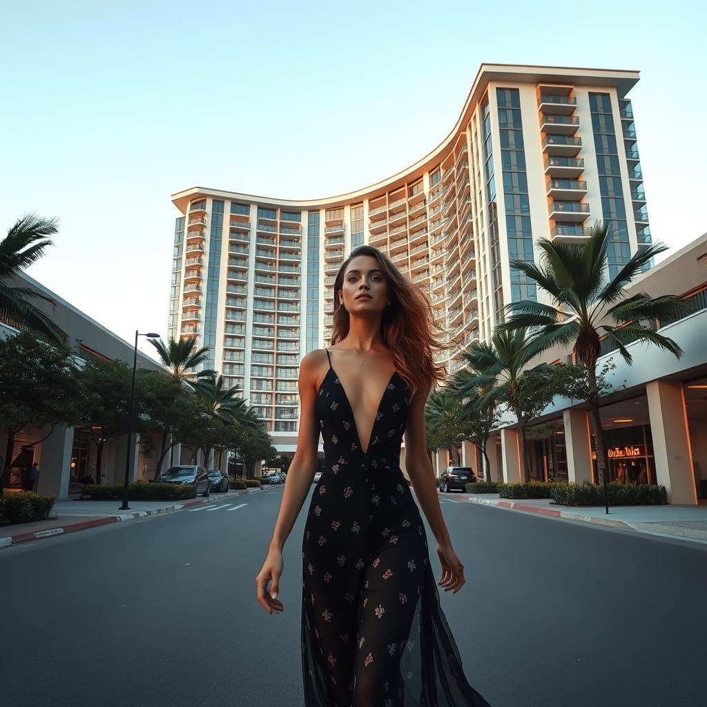 Sensual Woman Strolling Through a Luxurious Hotel Complex