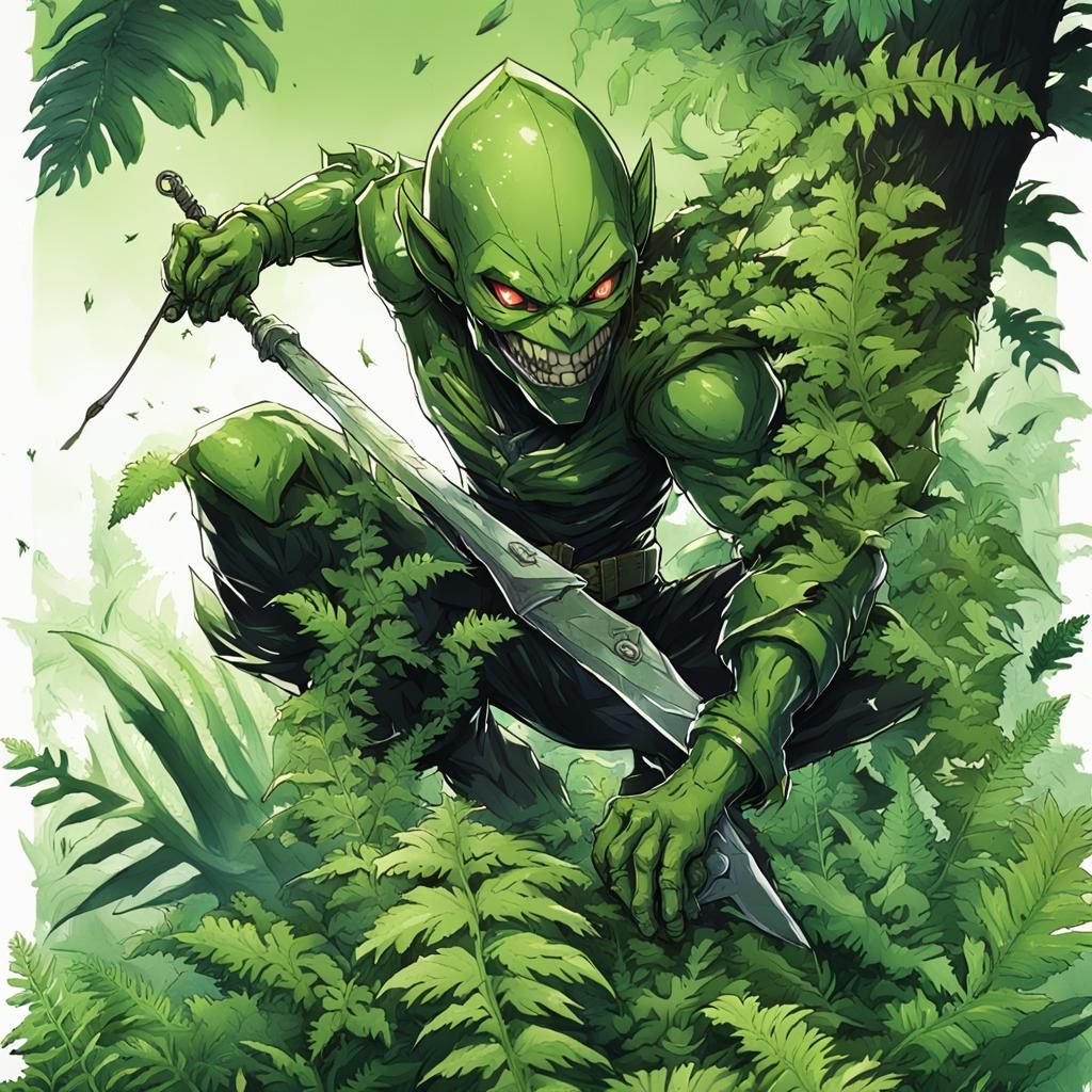 Green Goblin Sneaking Through Jungle, Anime Style
