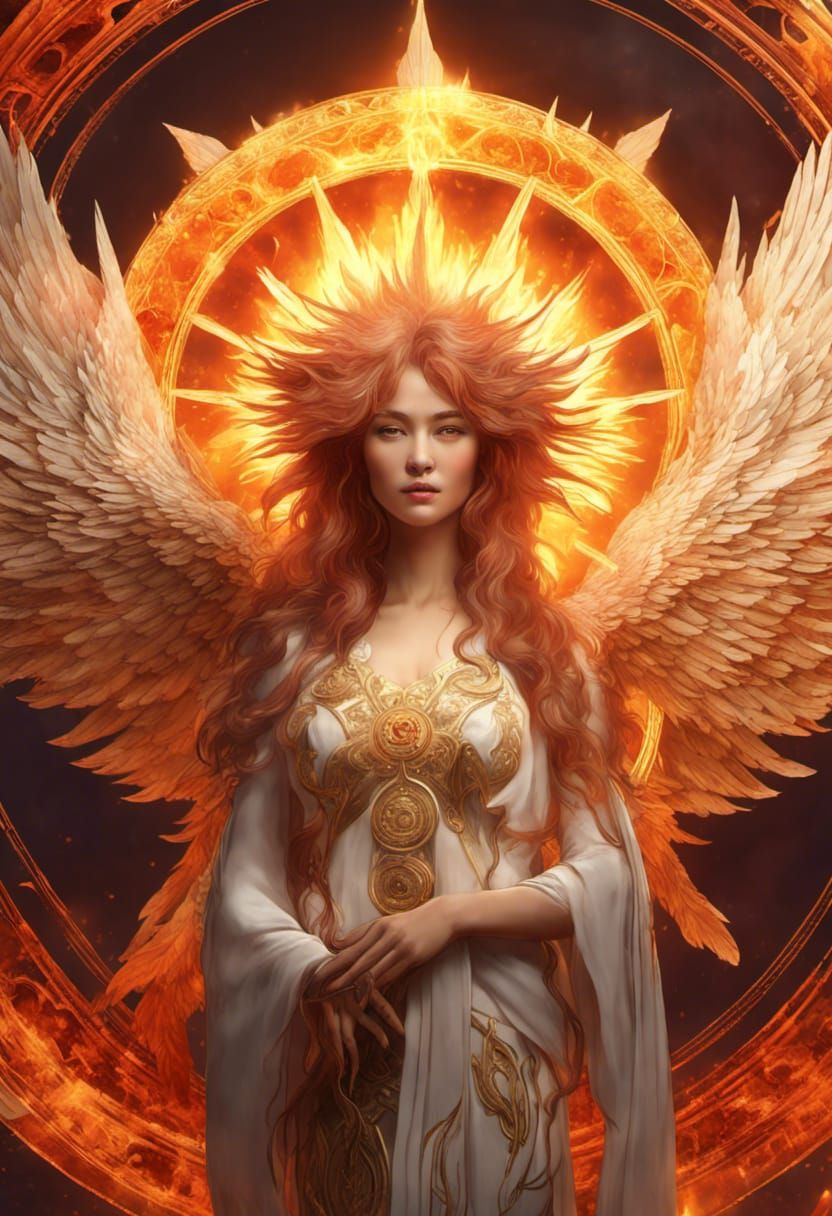 Phoenix Goddess in Fiery Solar Flare Sunburst