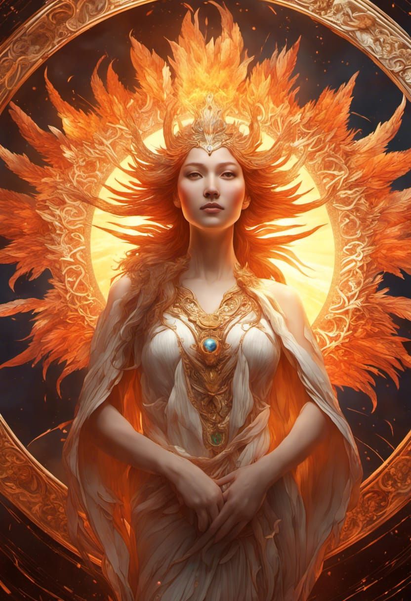 Fiery Phoenix Goddess Portrait with Solar Flare