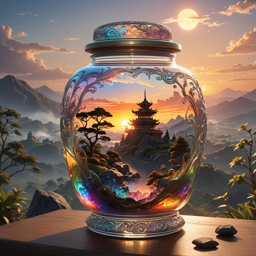 Sunset Landscape in Ornate Jar: 3D Anime Art