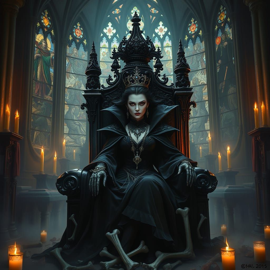 Gothic Vampire Queen on Bone Throne in Cathedral