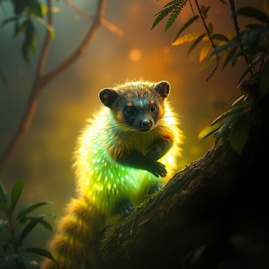 Lumiquati: Radiant Coati in a Mystical Landscape