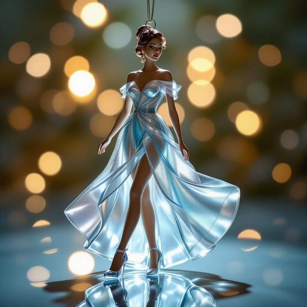 Crystal Woman in Flowing Glass Dress with Bokeh
