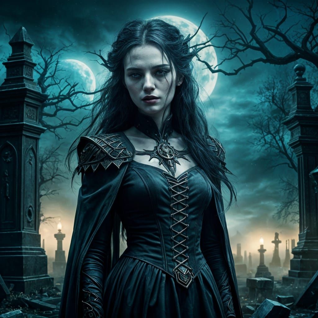 Vampiress in Cemetery Under Lightning Sky