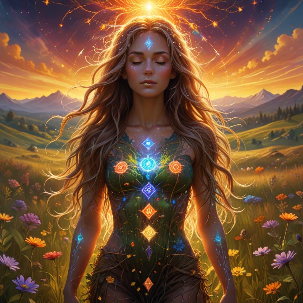 Woman in Meadow with Chakra Symbols: Surreal Digital Art