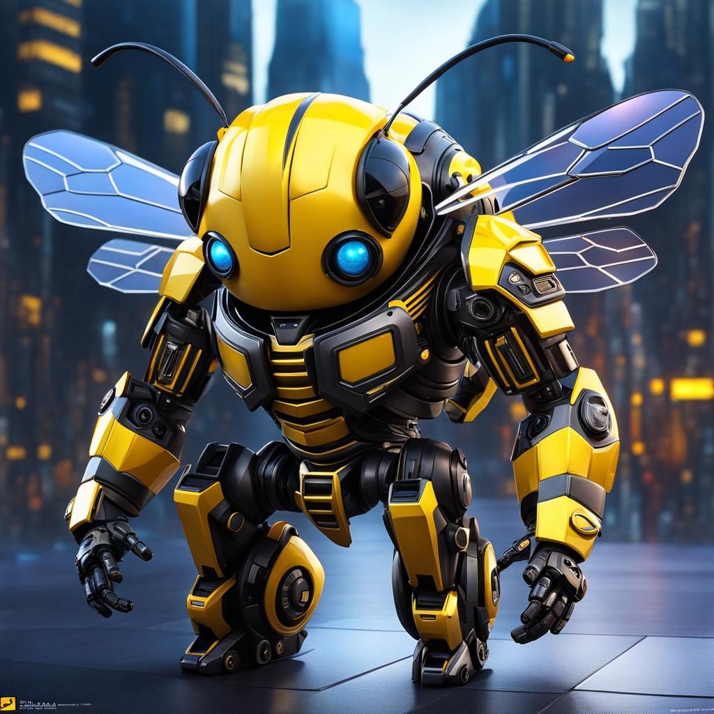 Smiling Solarpunk Bumblebee Chibi Cartoon in HD