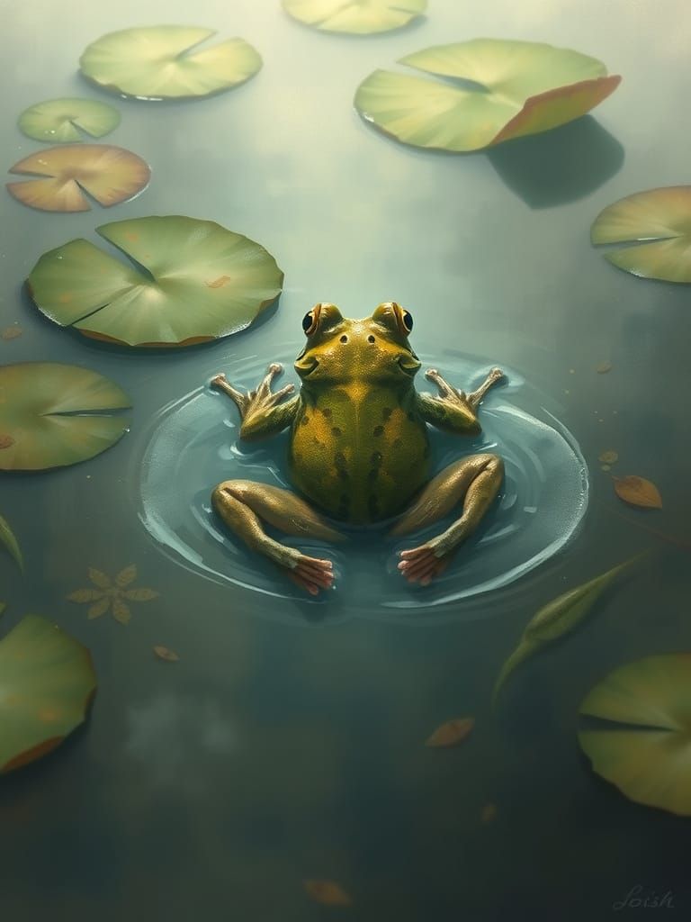 Frog Floating in Misty Pond, Impressionistic Style