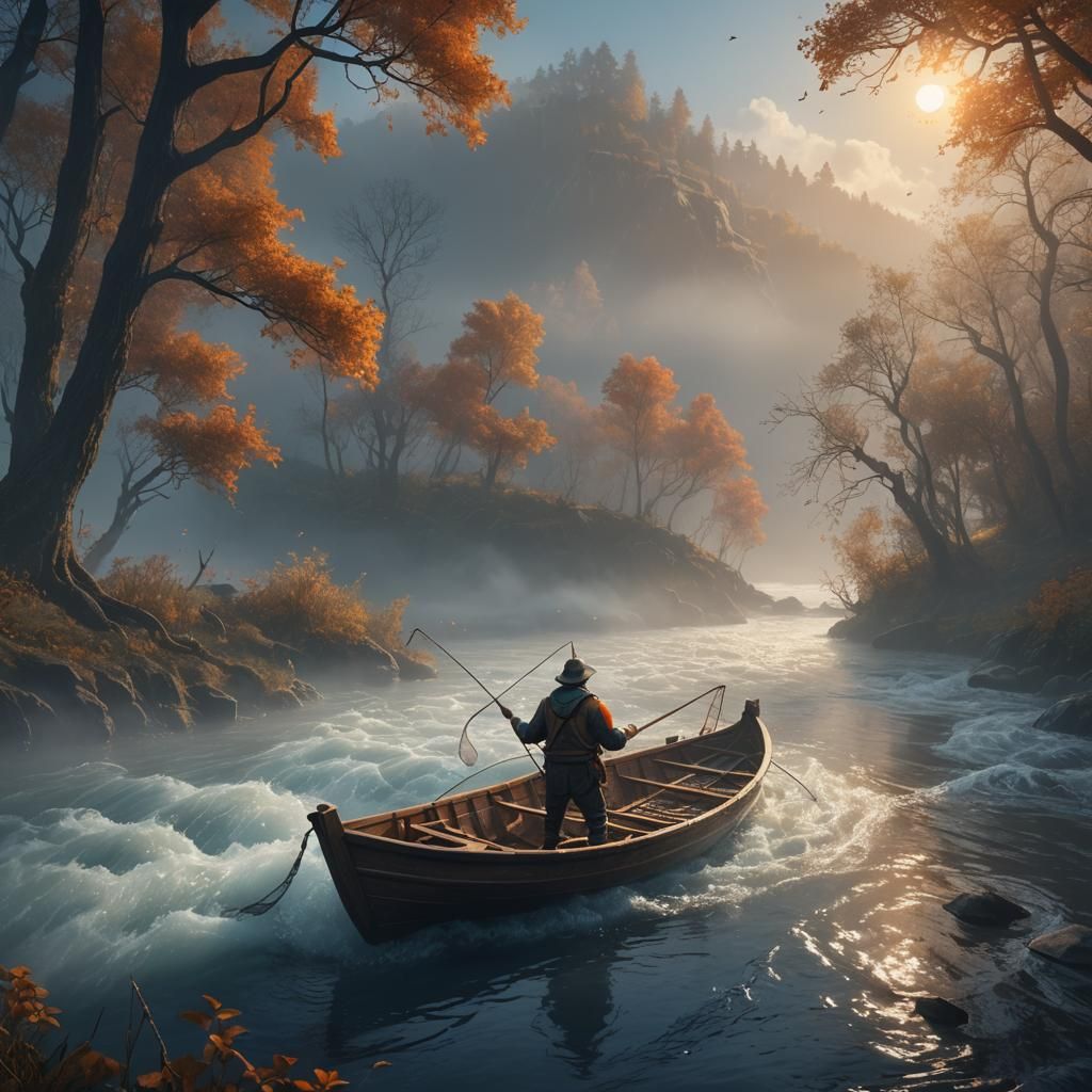 Mystical Fisherman Casting Net in Misty River