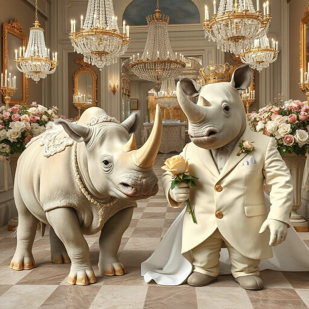 Elegant White Rhinoceros Wedding Duo in Lavish Setting