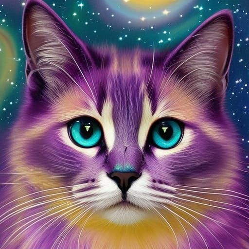 Purple Galaxy Cat Amidst Starry Nebulae