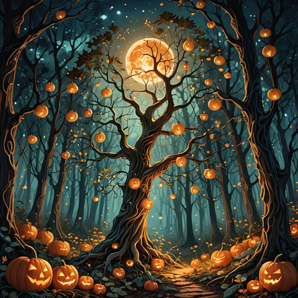 Glowing Pumpkin Tree in Moonlit Forest, Fantasy Art