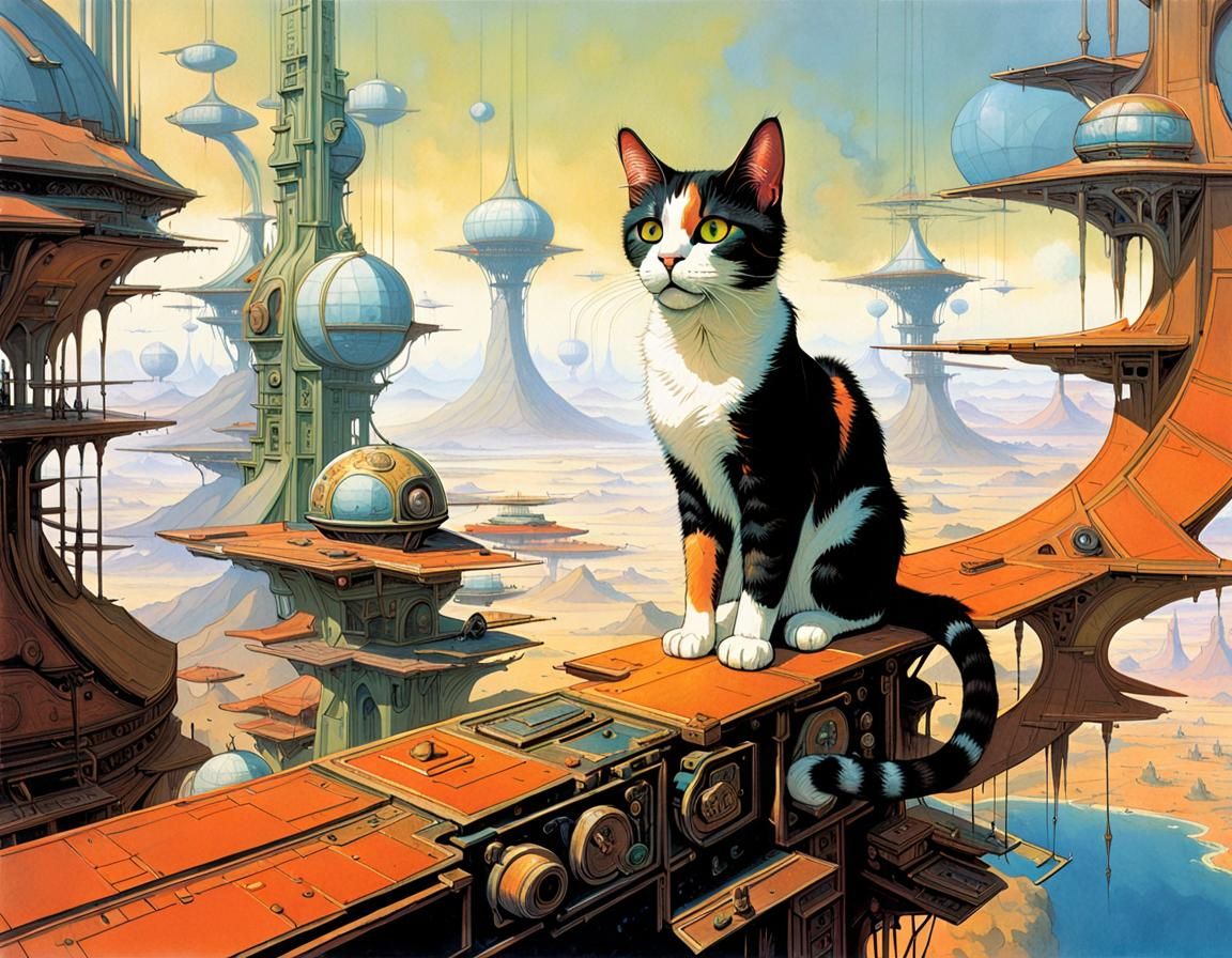 Surreal Calico Cat Portrait in Sci-Fi Style