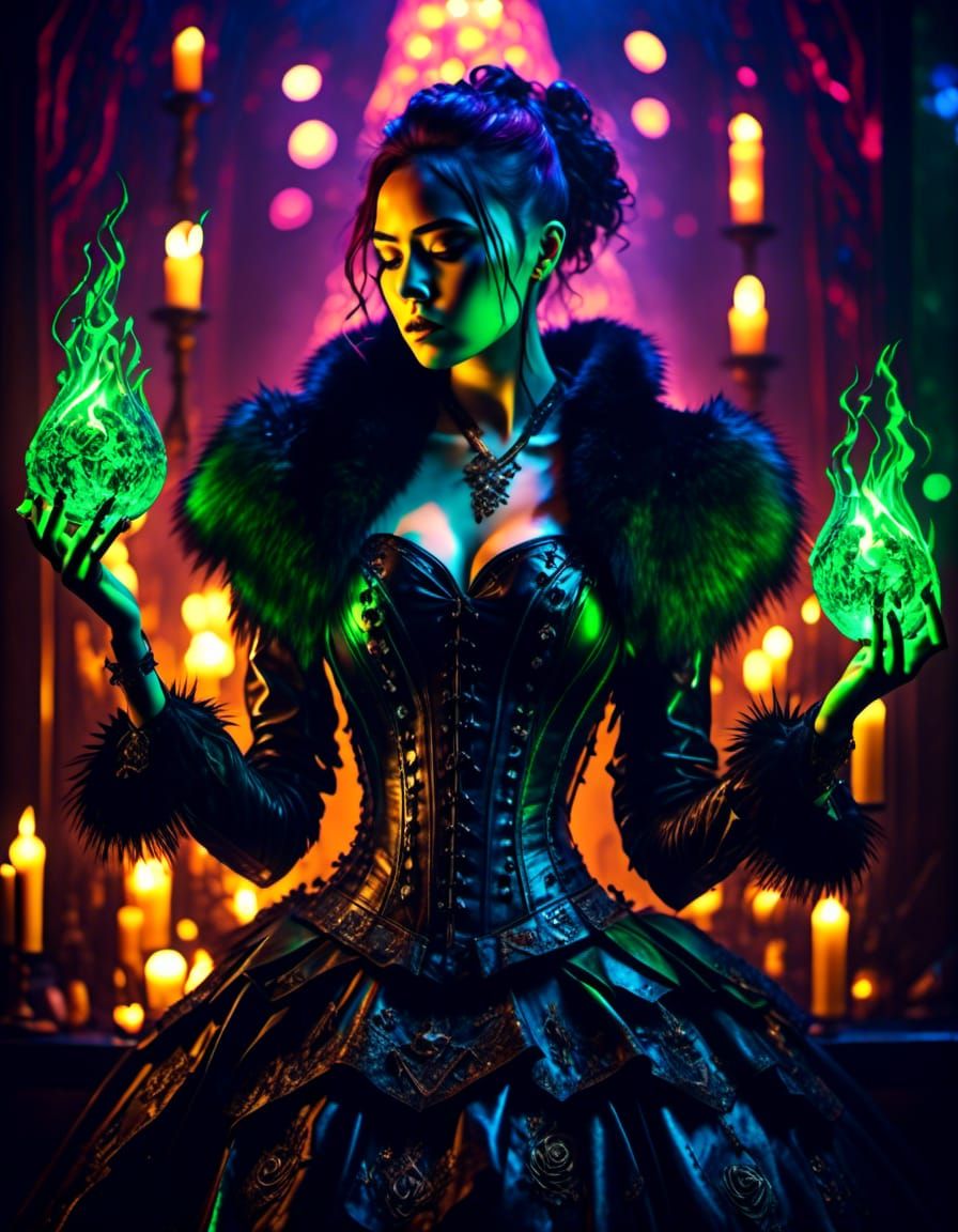 Sci-Fi Goth Woman Casting Spell with Phoenix