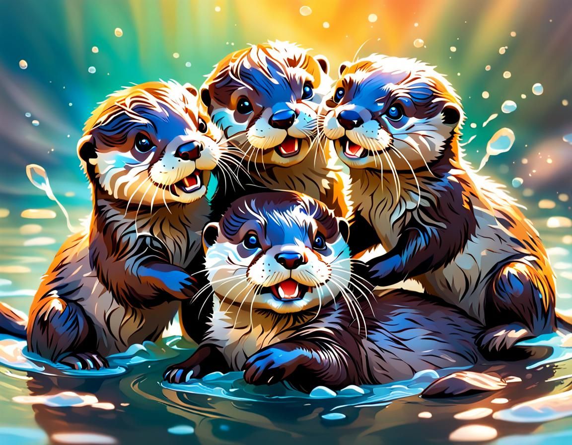 Cute Otter Cubs at Play in Splash Art Style