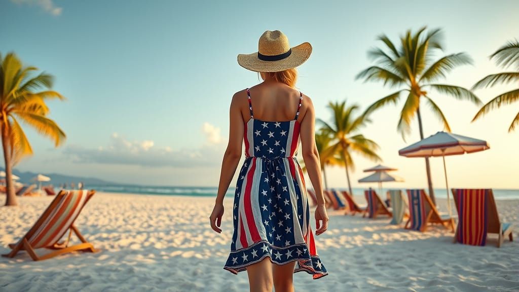 Patriotic Woman on Tropical Beach, Photorealistic Panorama