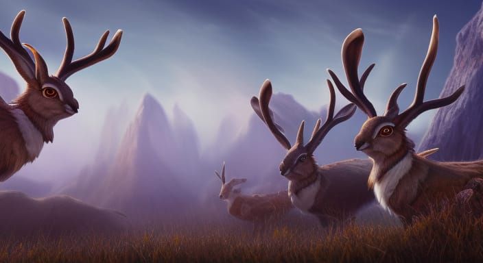 Jackalopes Moving in Field: Detailed Matte Painting