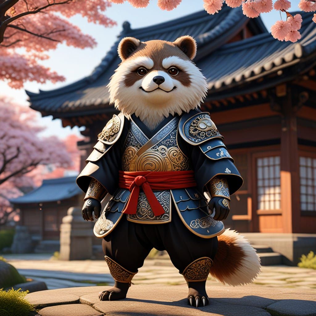 Samurai Tanuki in Front of Mount Fuji, Traditional Japanese ...