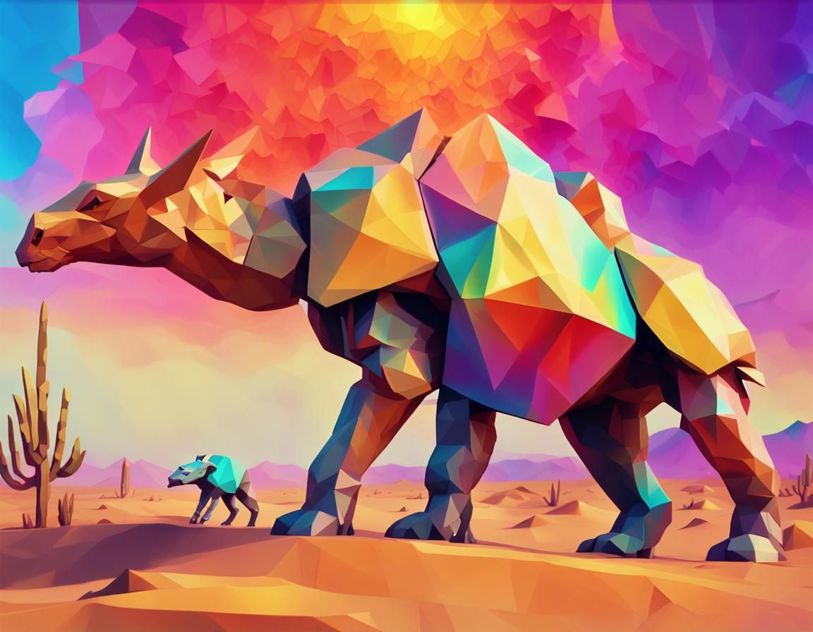 Armored Animals in a Desert Rainbow: Low-Poly Art