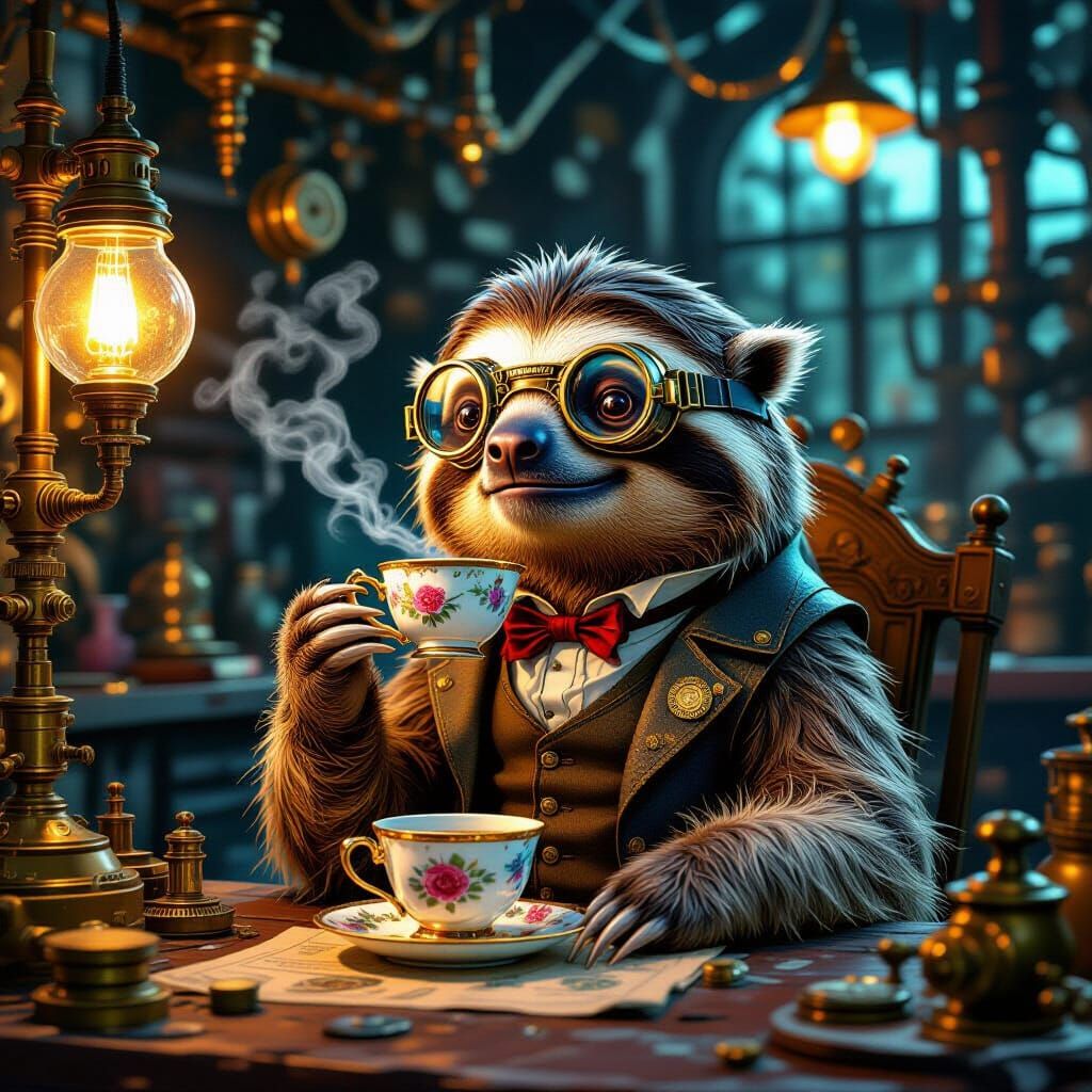 Steampunk Sloth Enjoys Tea in Inventor's Workshop