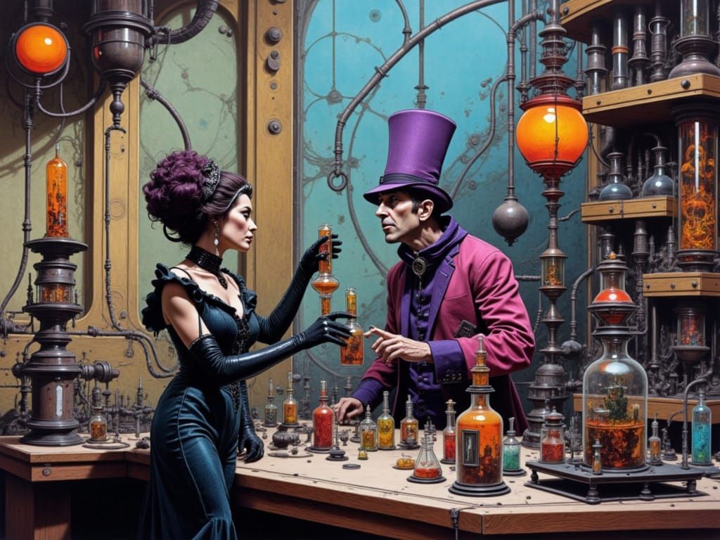 Spider Queen Confronts Mad Scientist in Retro-Futuristic Lab