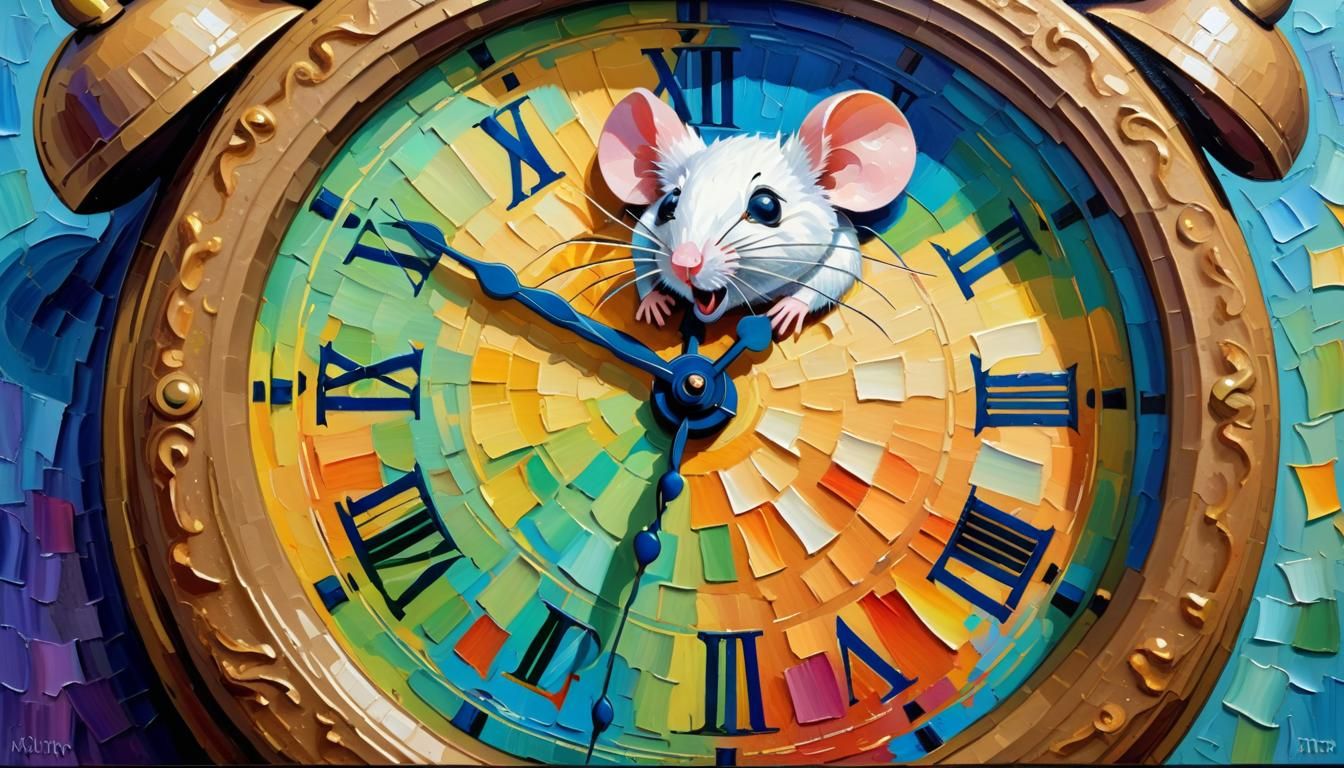 Mouse and Clock in Neo-Impressionist Style