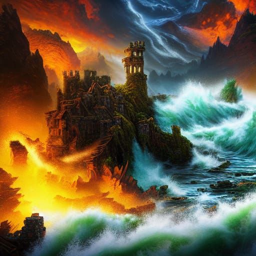 Turbulent Mountain Stream Rages Through Ruins: 3D Render