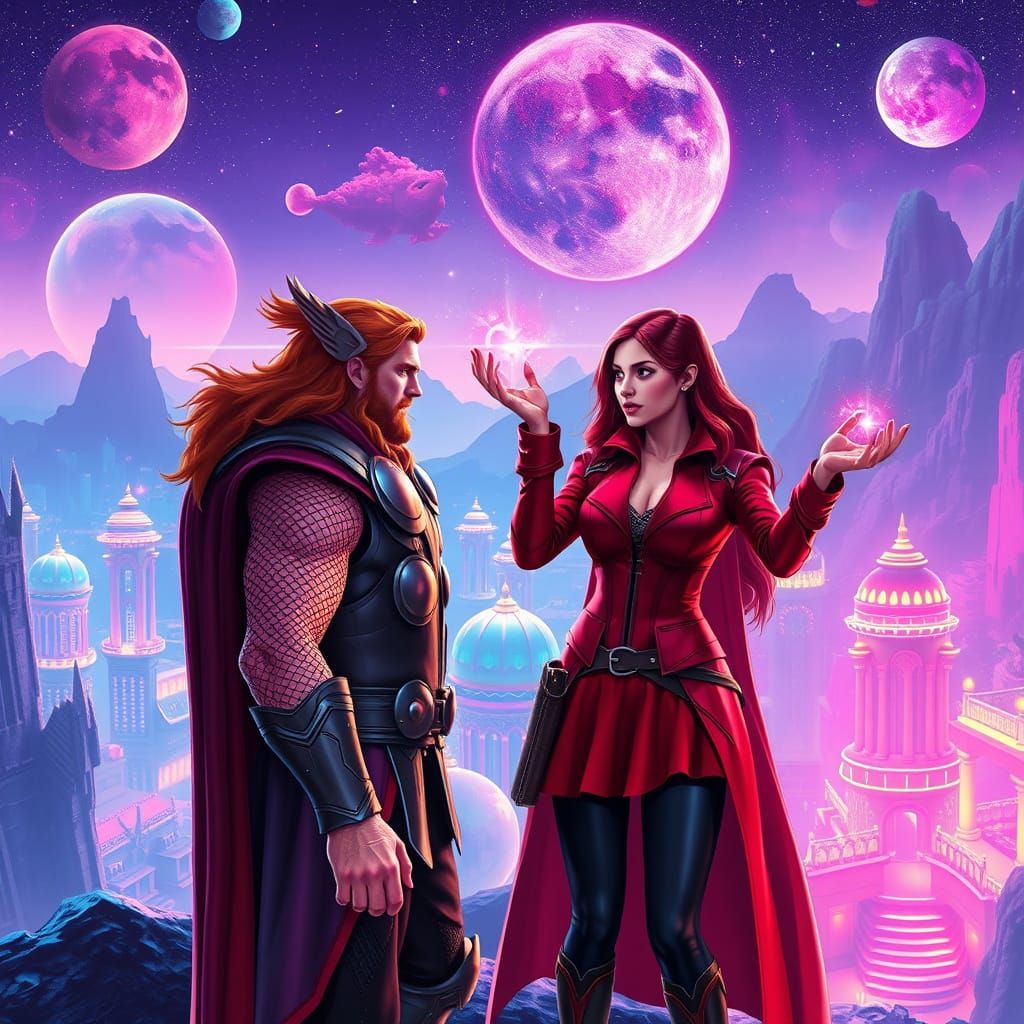 Thor and Scarlet Witch in Retro-Futuristic Paradise