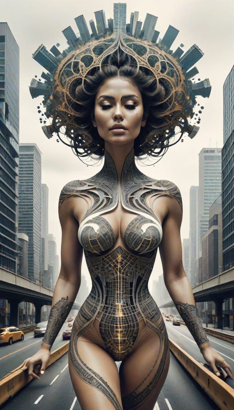 Fractal Faced Woman with Cities and Roads