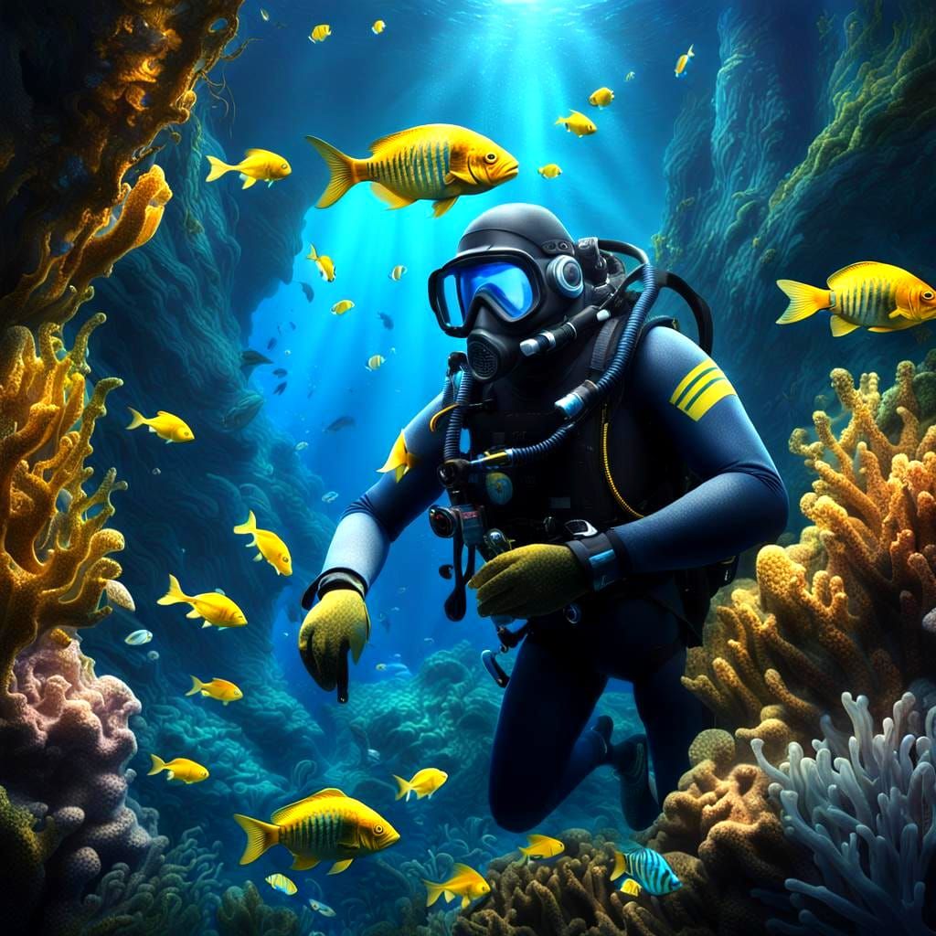 Diver and Mega Fish in Deep Sea Digital Painting
