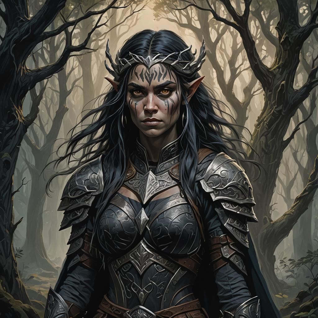 Female drow elf with purple and green braids