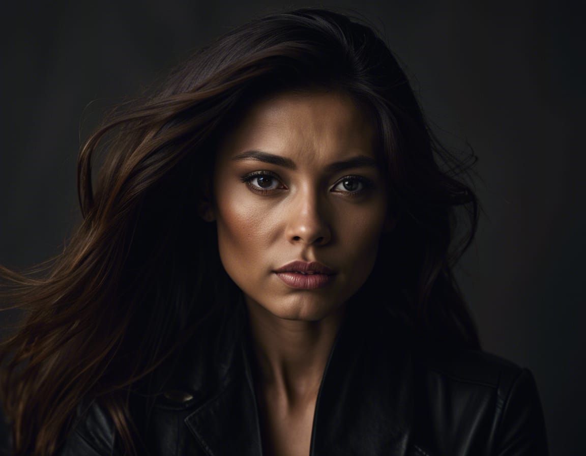 Striking Portrait of Woman in Leather, Studio Shot