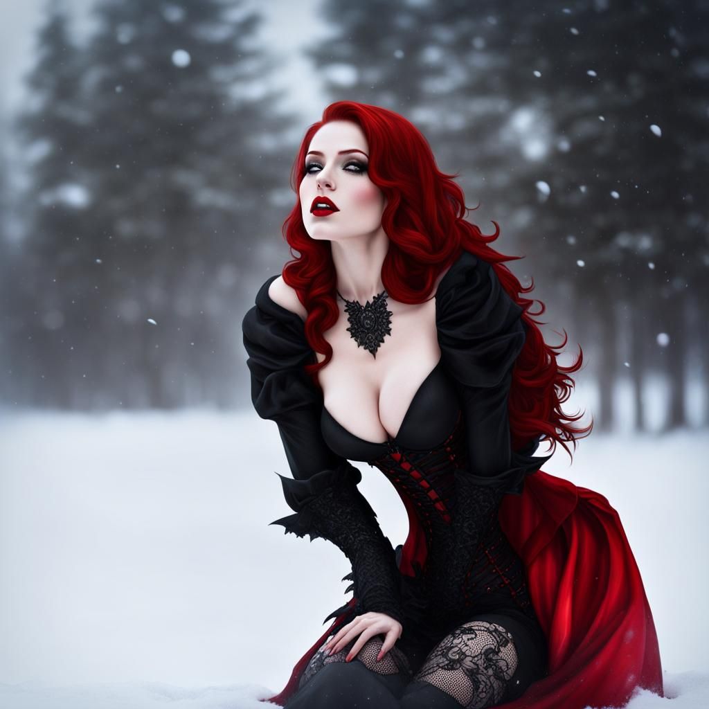 Redhead Vampire in Blizzard: Gothic Photorealistic Portrait