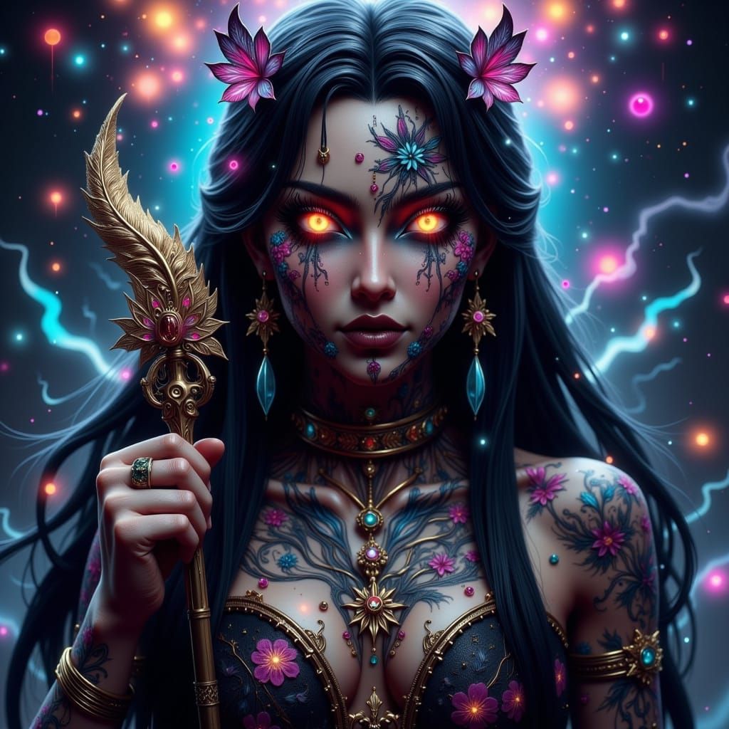 Dark Fabric Goddess in Cosmic Space with Vibrant Tattoos and...