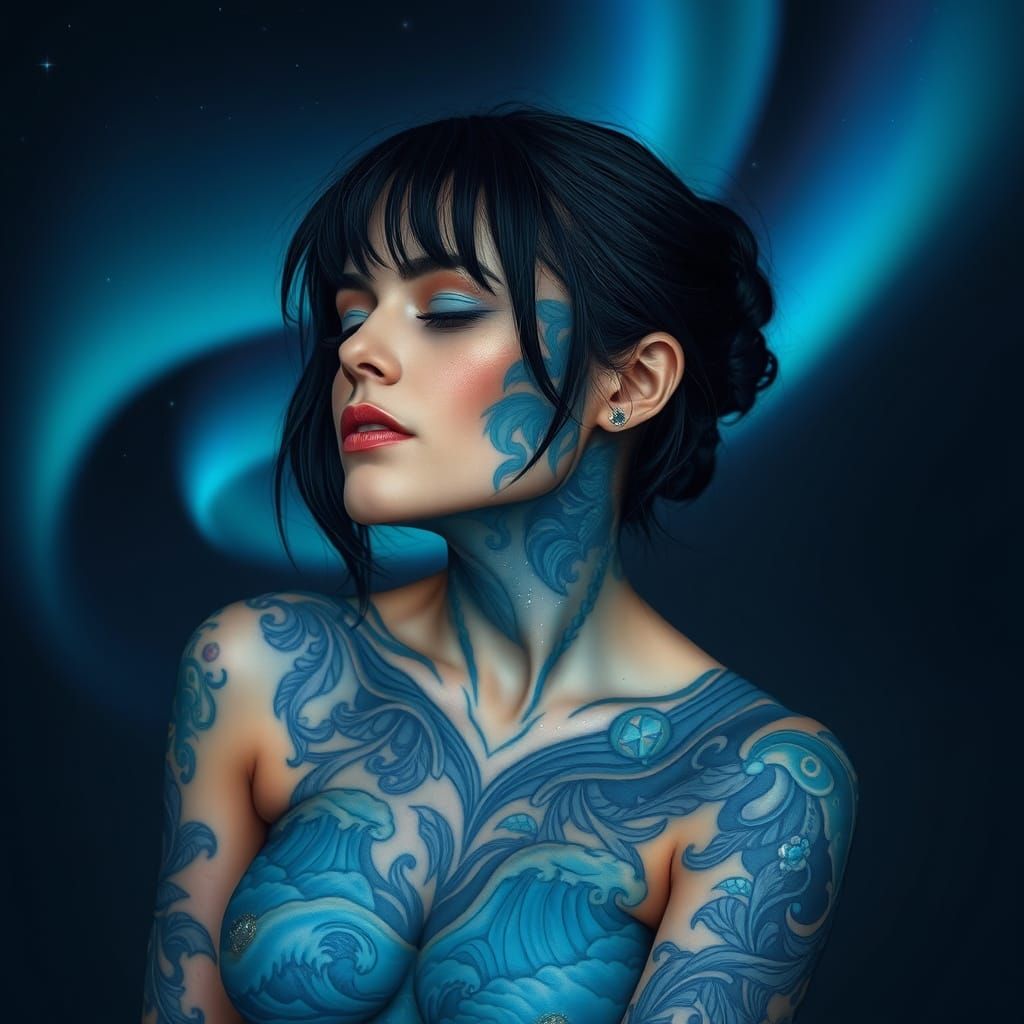 Celestial Tattoo: Woman Embraces Night Sky and Ocean