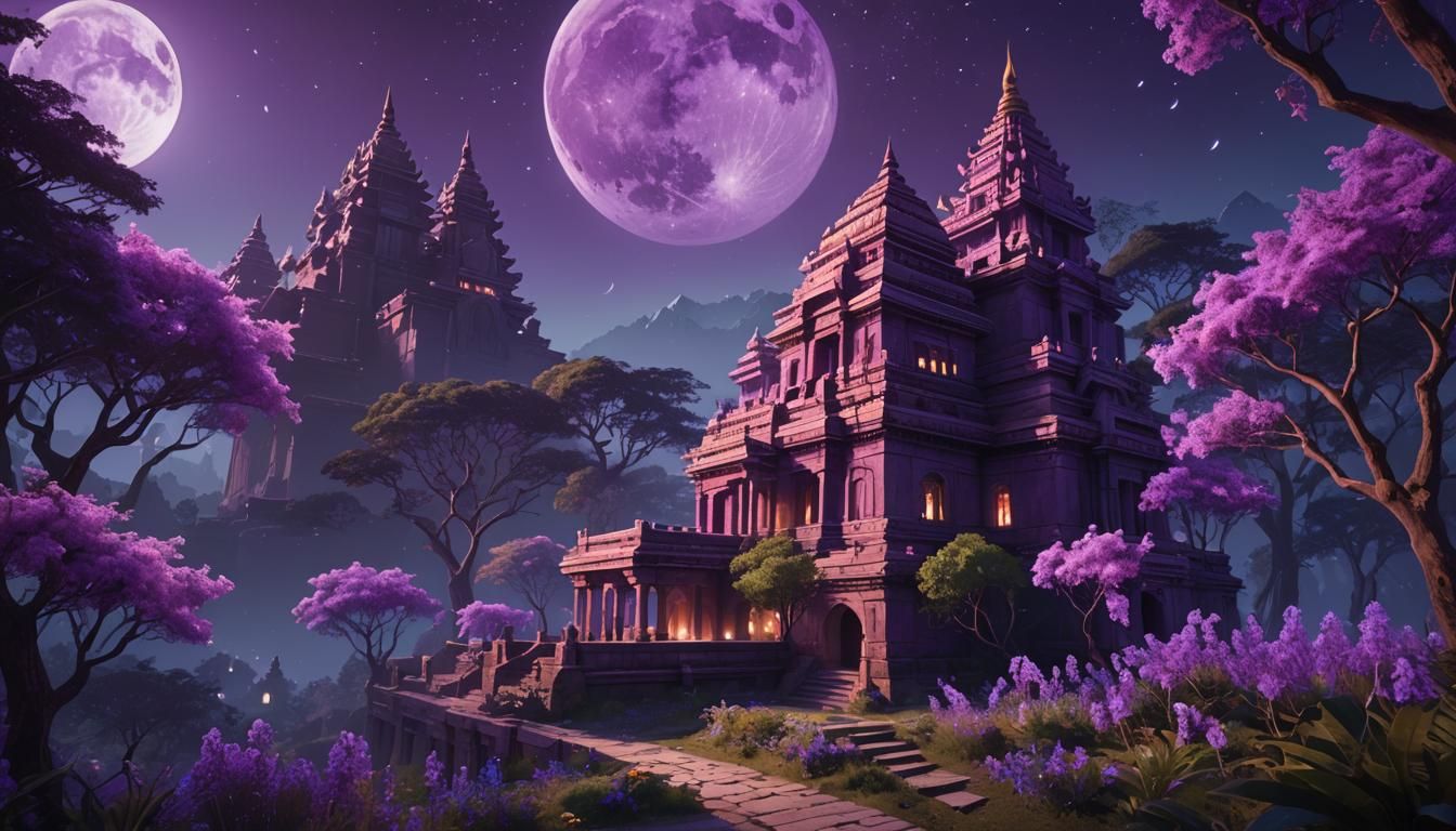 Luminous Indian Temple in Forest with Purple Flowers