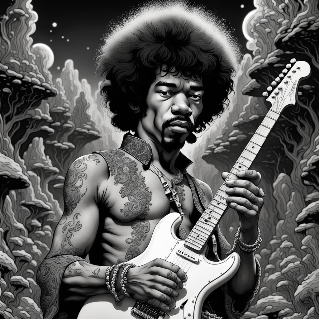 Jimi Hendrix in Detailed Black and White Line Art