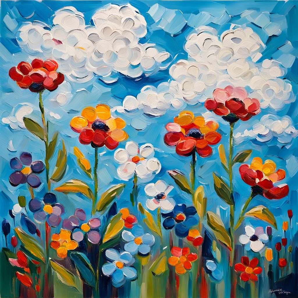 Impasto Flowers Under a Blue Sky