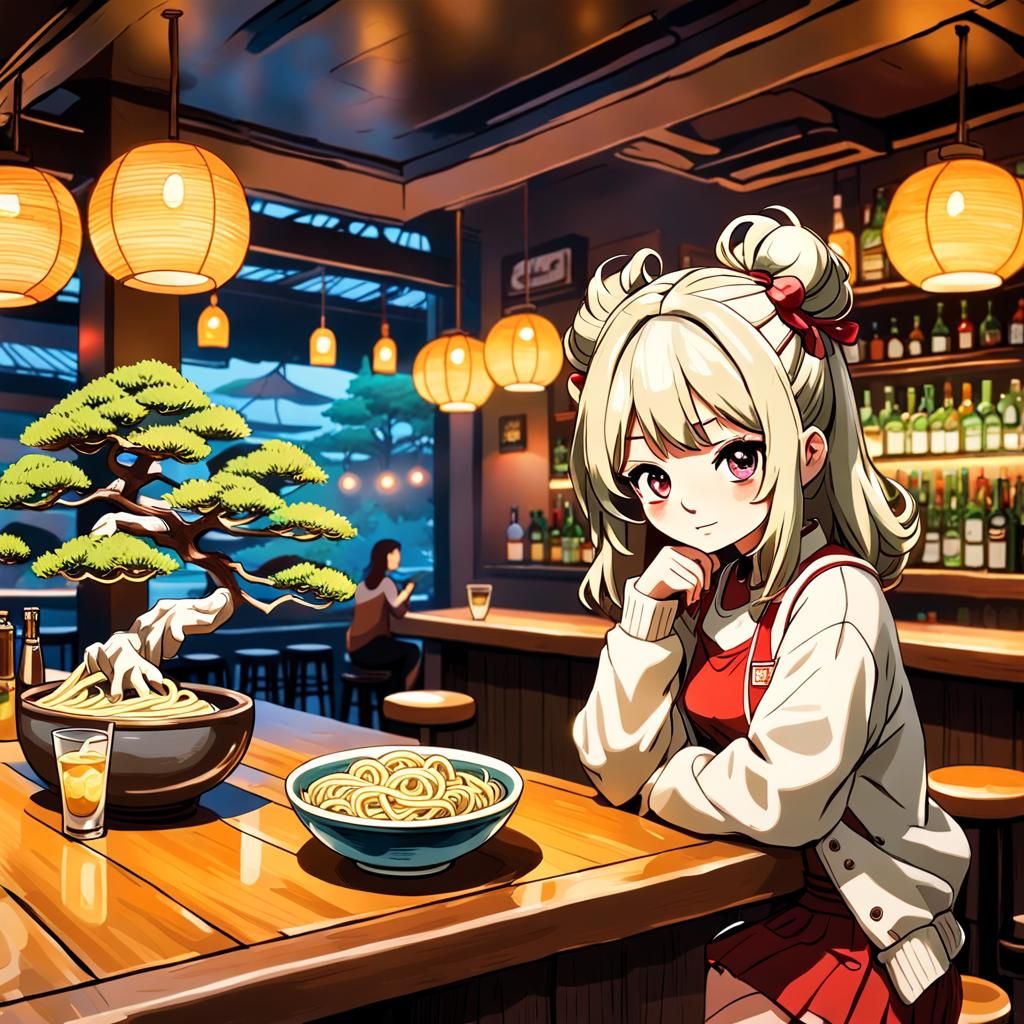 Lonely Girl at Bar with Noodles and Bonsai