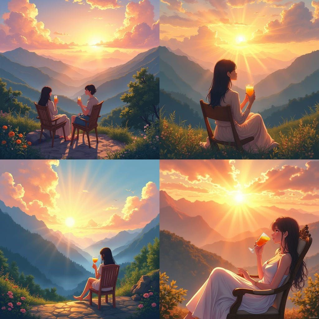 Sunrise Mountain Serenity: Woman Enjoys Juice in Divine Ligh...